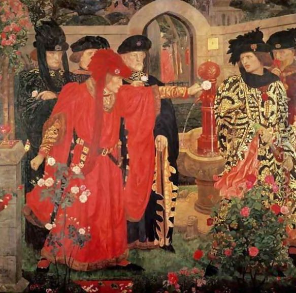 Painting by Henry Payne in 1908 of the apocryphal scene in the Temple Garden, from Shakespeare's play Henry VI, Part 1, where supporters of the rival factions pick either red or white roses